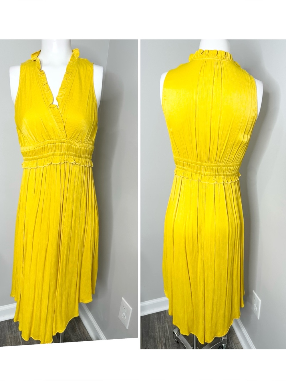 Maeve Anthropologie Sunny Yellow Ruffled V-Neck Midi Dress -XS